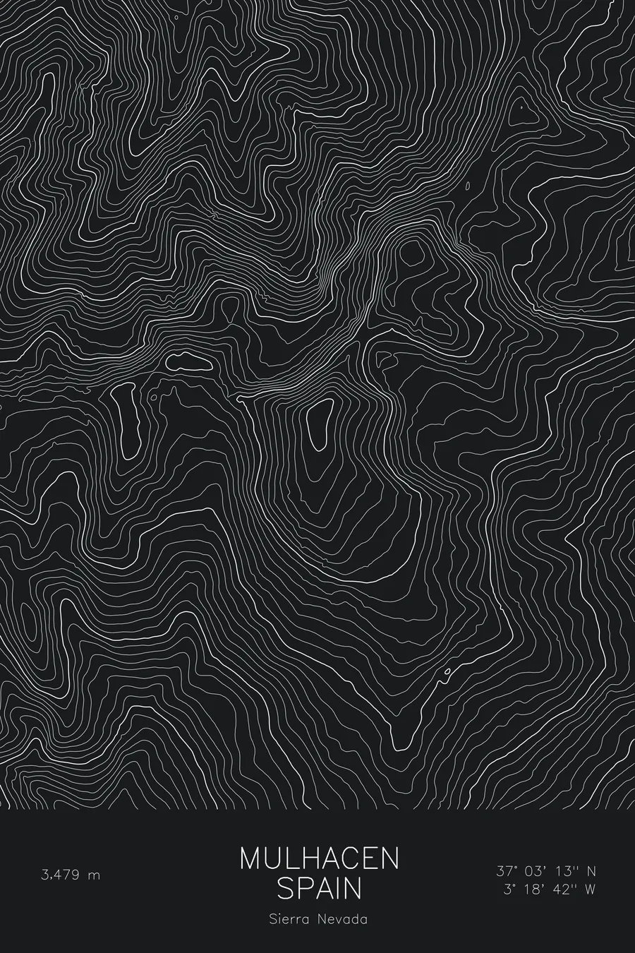 Pen-plotted topographic map of Mulhacen, Spain in white ink on black paper