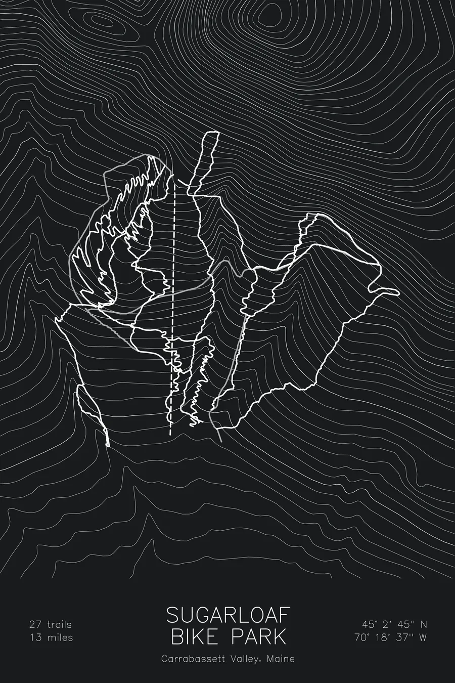 Pen-plotted mountain bike trail map of Sugarloaf Bike Park, Maine in white ink on black paper