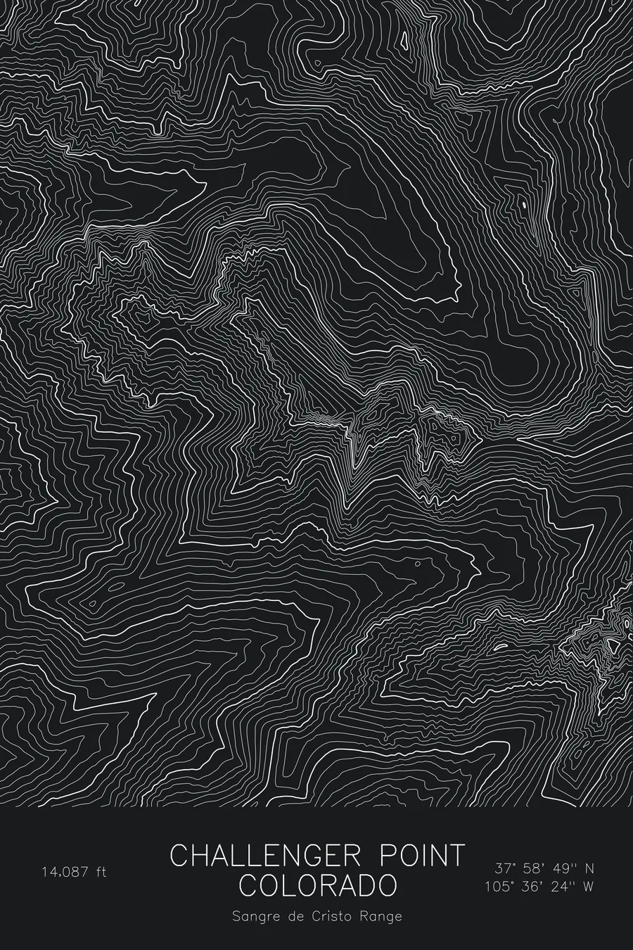 Pen-plotted topographic map of Challenger Point, Colorado in white ink on black paper