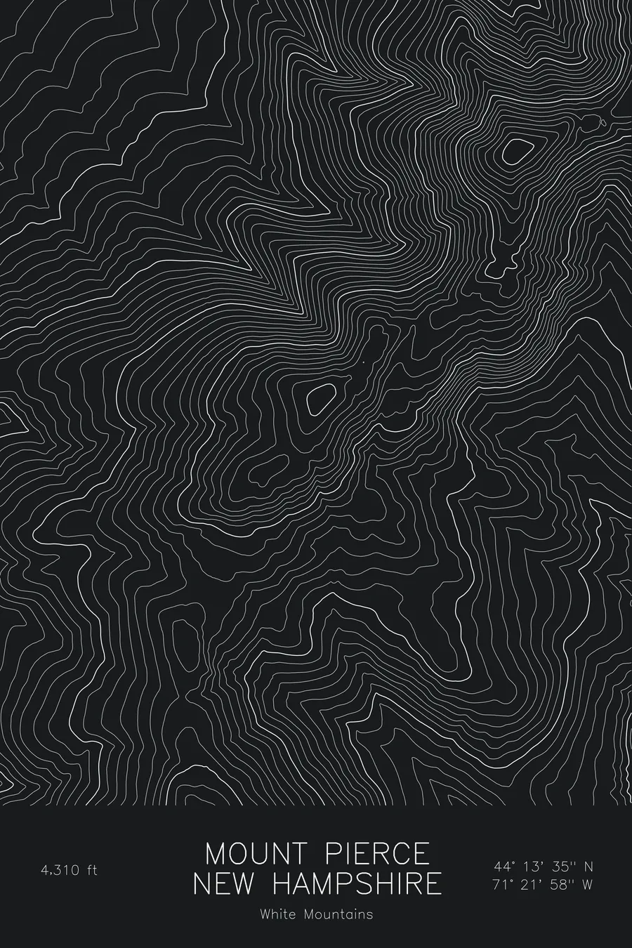 Pen-plotted topographic map of Mount Pierce, New Hampshire in white ink on black paper