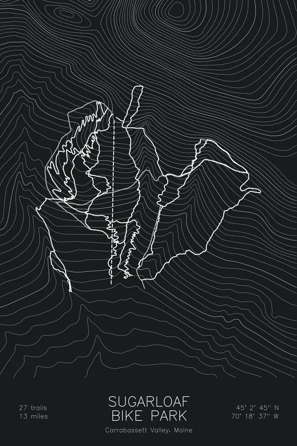 Pen-plotted mountain bike trail map of Sugarloaf Bike Park, Maine in white ink on black paper