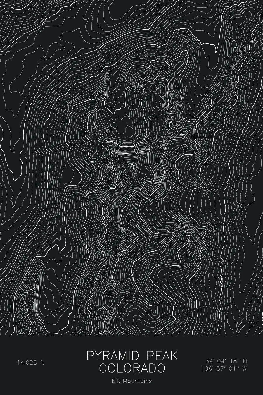 Pen-plotted topographic map of Pyramid Peak, Colorado in white ink on black paper