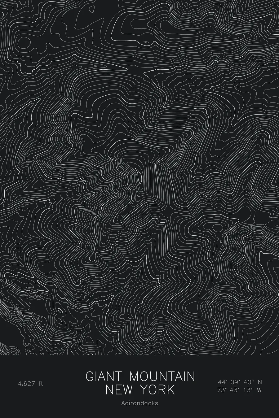 Pen-plotted topographic map of Giant Mountain, New York in white ink on black paper