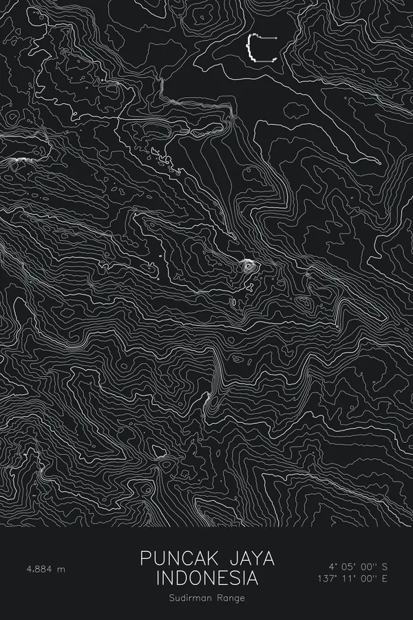 Pen-plotted topographic map of Puncak Jaya, Indonesia in white ink on black paper