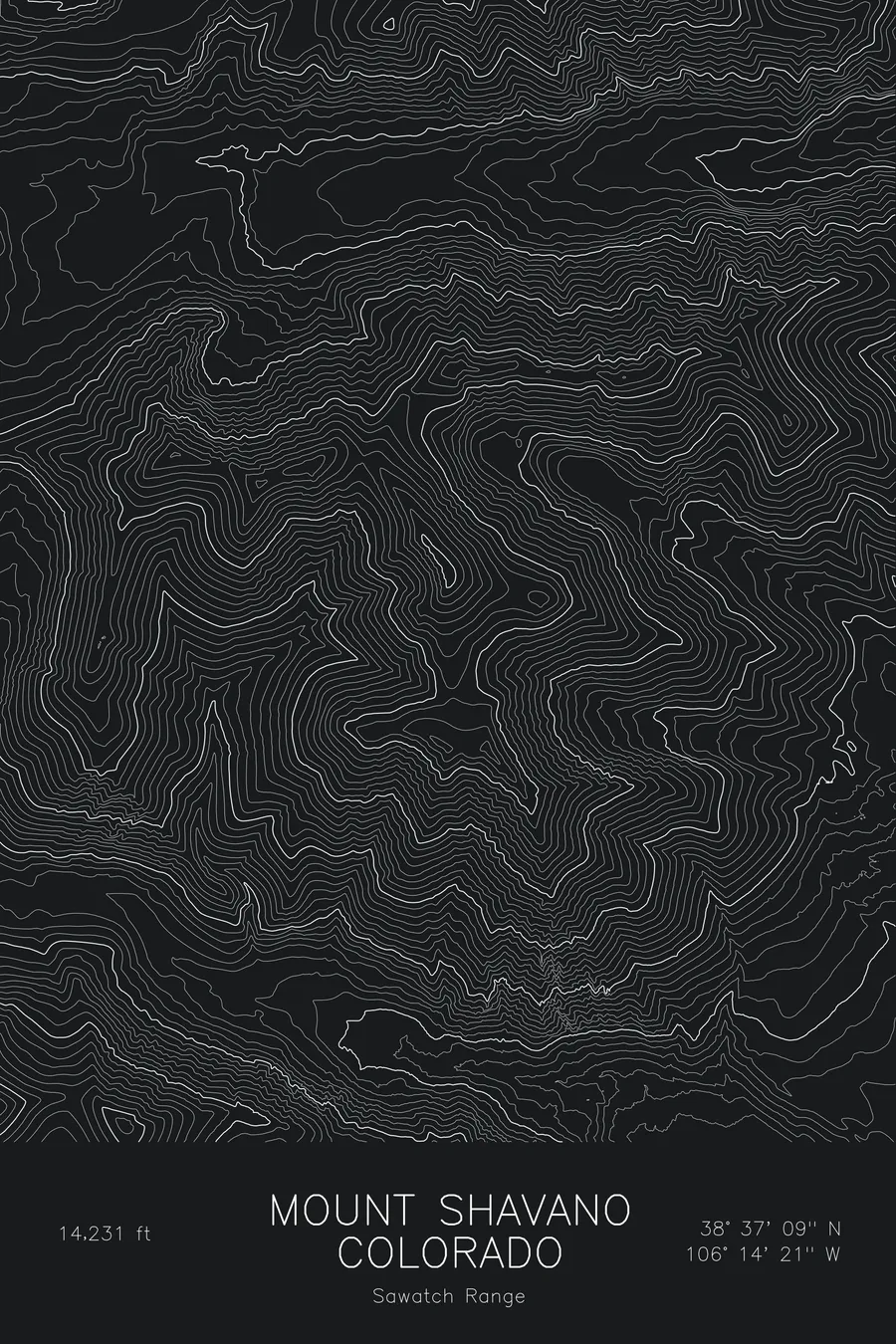 Pen-plotted topographic map of Mount Shavano, Colorado in white ink on black paper