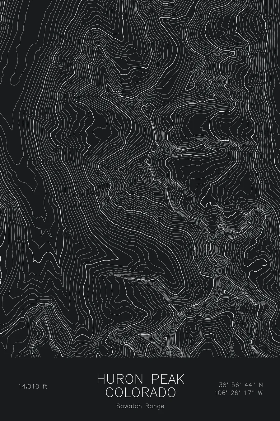 Pen-plotted topographic map of Huron Peak, Colorado in white ink on black paper