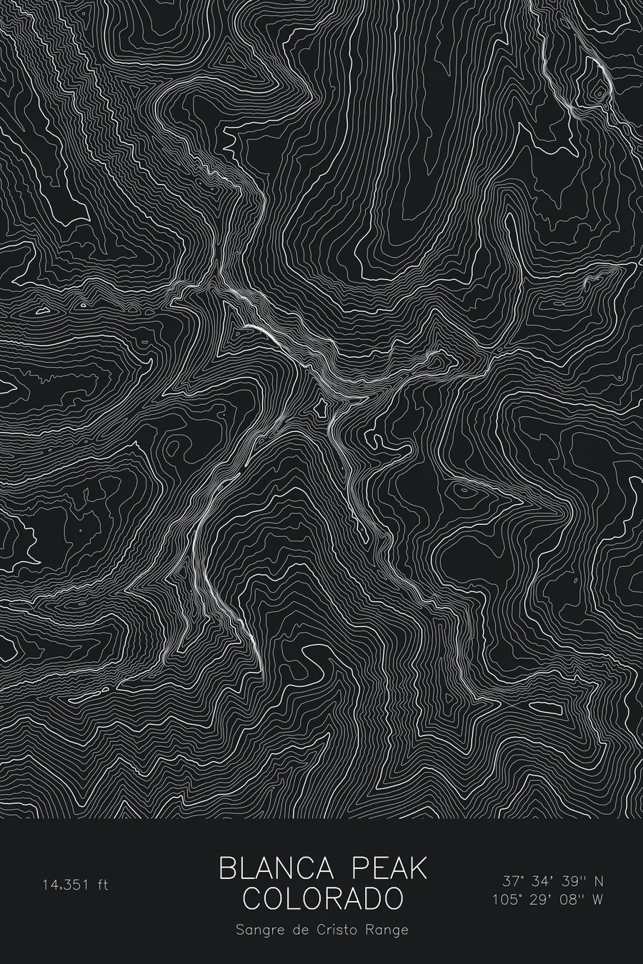 Pen-plotted topographic map of Blanca Peak, Colorado in white ink on black paper