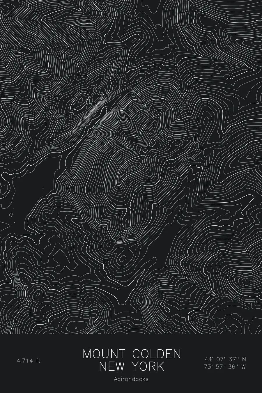 Pen-plotted topographic map of Mount Colden, New York in white ink on black paper