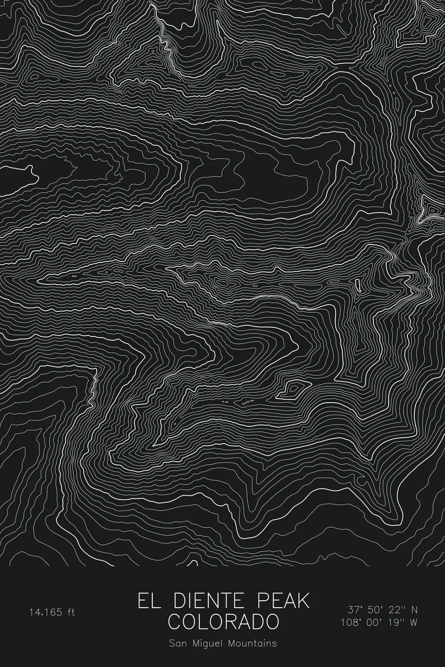 Pen-plotted topographic map of El Diente Peak, Colorado in white ink on black paper