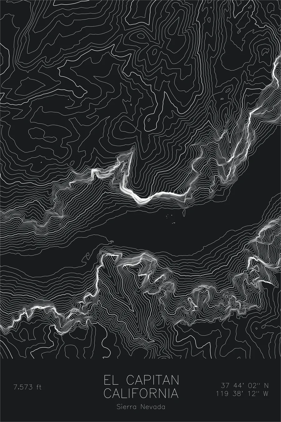 Pen-plotted topographic map of El Capitan, California in white ink on black paper