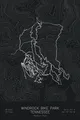 Pen-plotted mountain bike trail map of Windrock Bike Park, Tennessee in white ink on black paper
