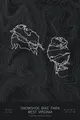 Pen-plotted mountain bike trail map of Snowshoe Bike Park, West Virginia in white ink on black paper