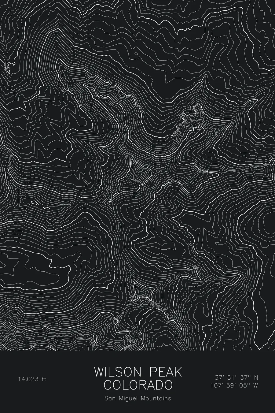 Pen-plotted topographic map of Wilson Peak, Colorado in white ink on black paper