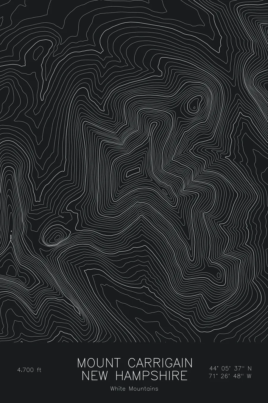 Pen-plotted topographic map of Mount Carrigain, New Hampshire in white ink on black paper
