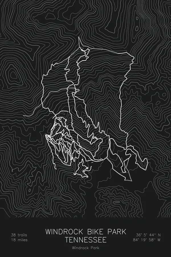 Pen-plotted mountain bike trail map of Windrock Bike Park, Tennessee in white ink on black paper
