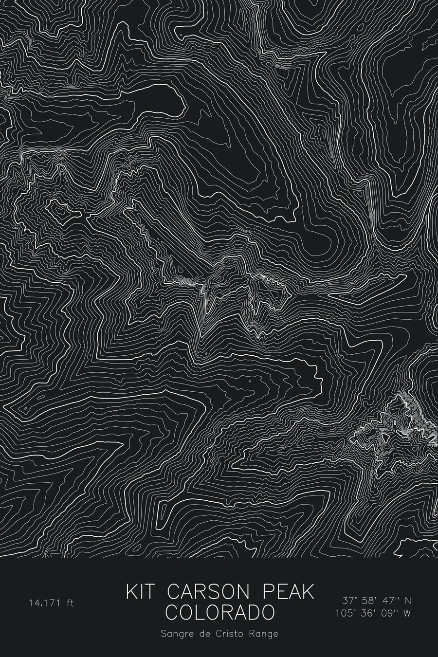 Pen-plotted topographic map of Kit Carson Peak, Colorado in white ink on black paper