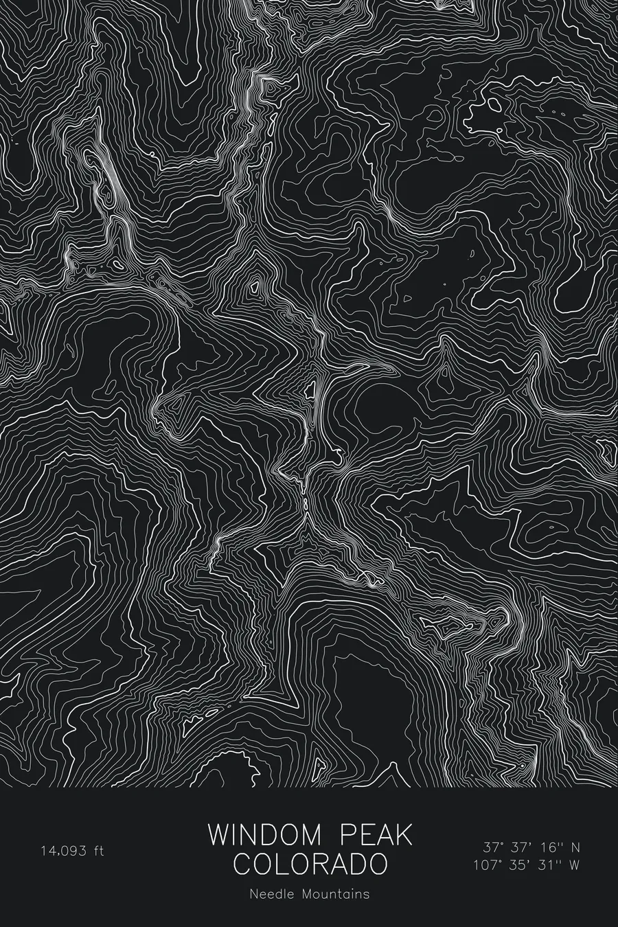 Pen-plotted topographic map of Windom Peak, Colorado in white ink on black paper