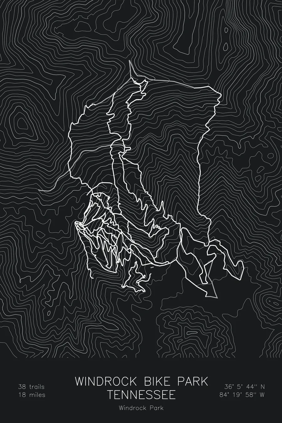 Pen-plotted mountain bike trail map of Windrock Bike Park, Tennessee in white ink on black paper