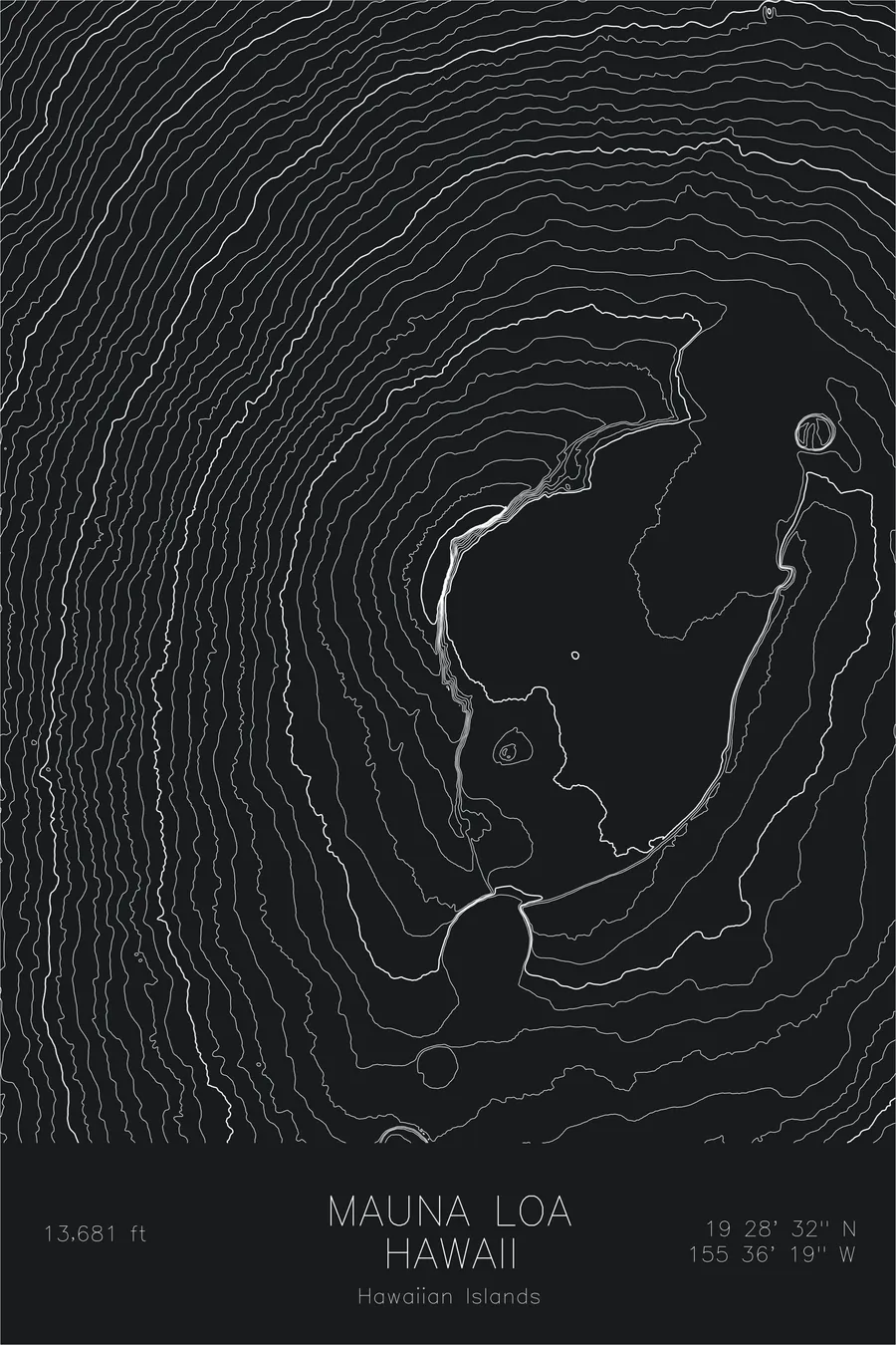 Pen-plotted topographic map of Mauna Loa, Hawaii in white ink on black paper