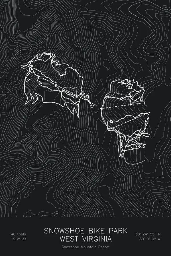 Pen-plotted mountain bike trail map of Snowshoe Bike Park, West Virginia in white ink on black paper