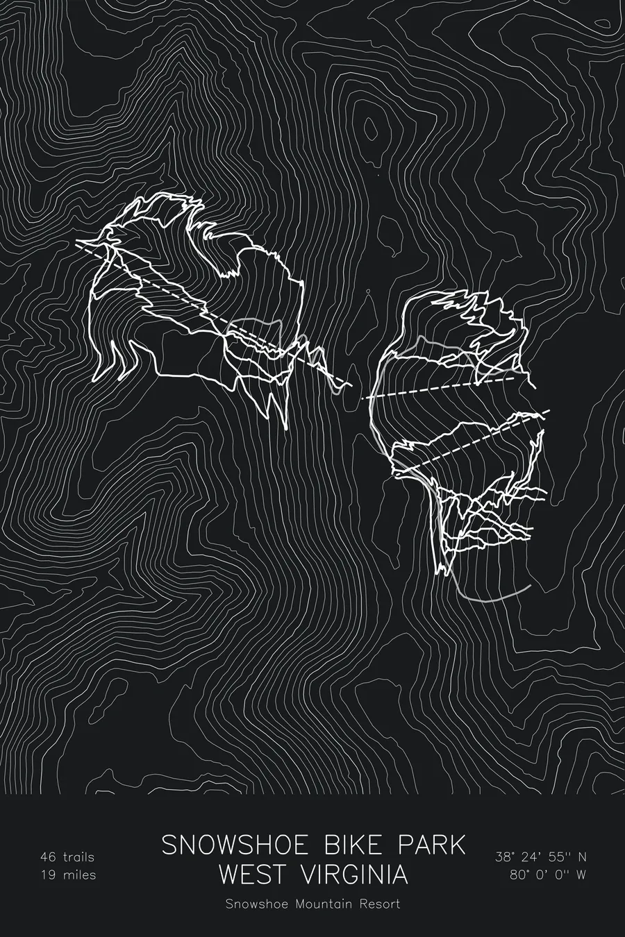 Pen-plotted mountain bike trail map of Snowshoe Bike Park, West Virginia in white ink on black paper