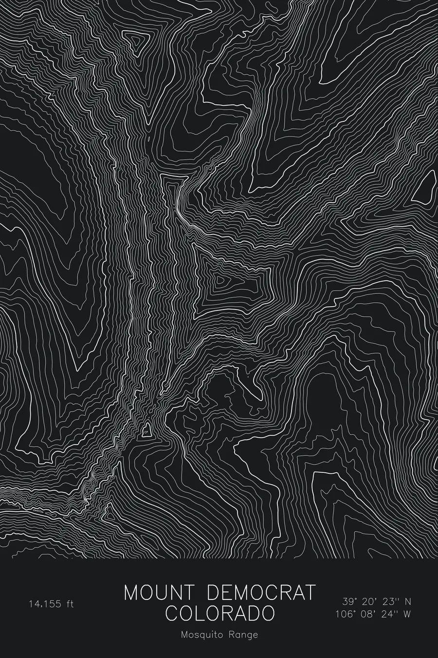 Pen-plotted topographic map of Mount Democrat, Colorado in white ink on black paper
