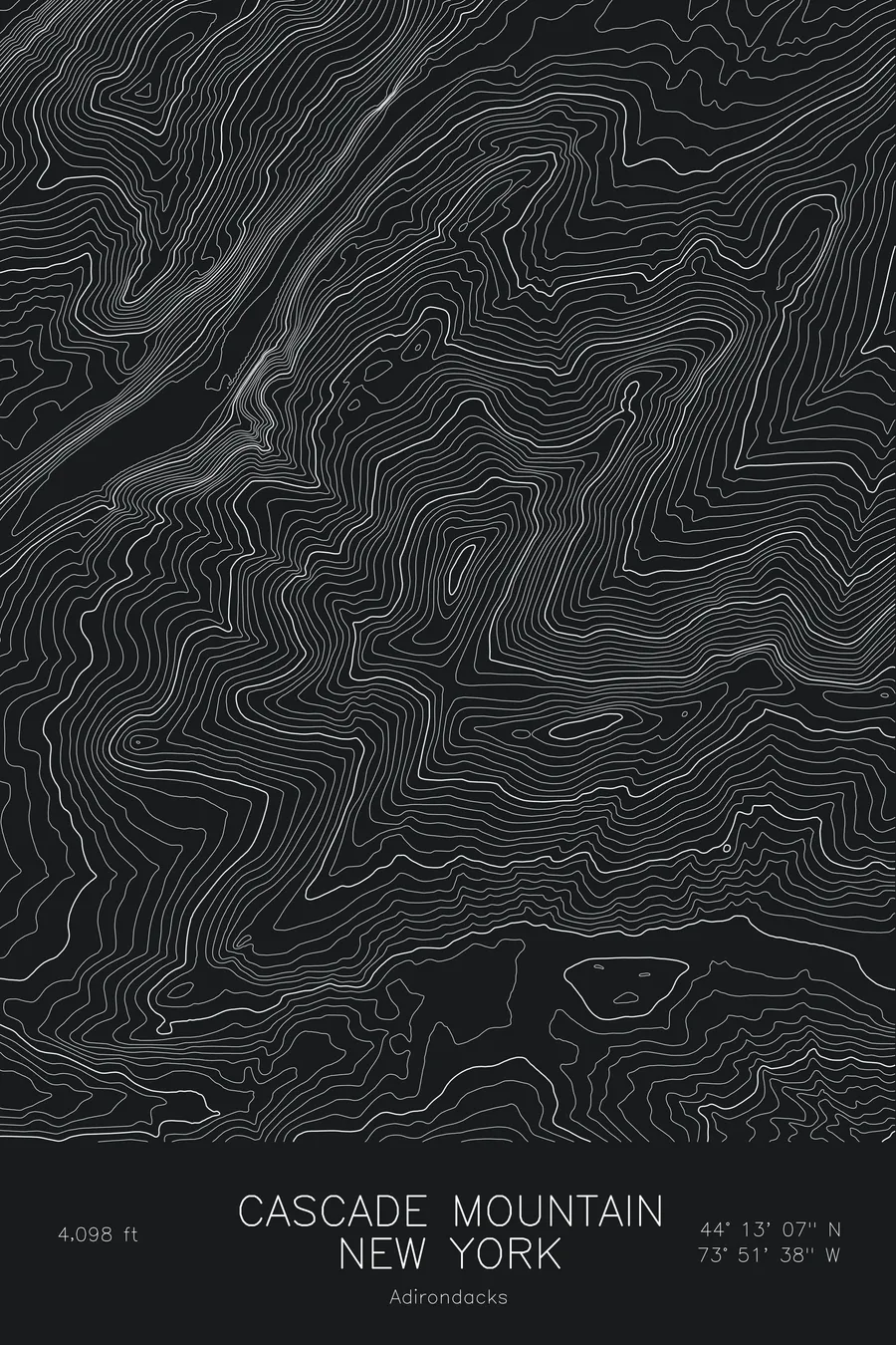 Pen-plotted topographic map of Cascade Mountain, New York in white ink on black paper