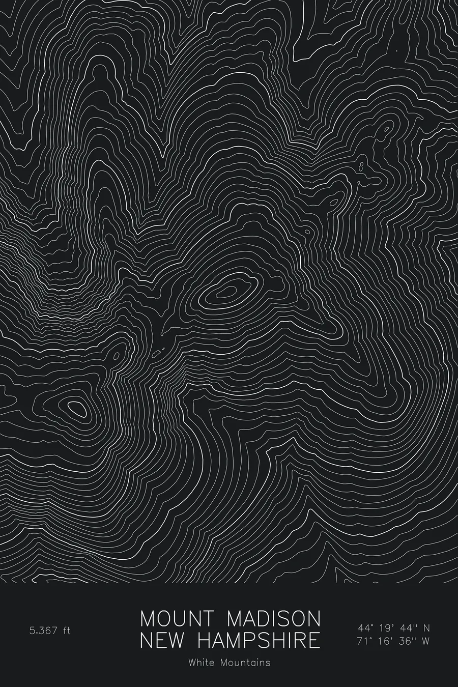 Pen-plotted topographic map of Mount Madison, New Hampshire in white ink on black paper