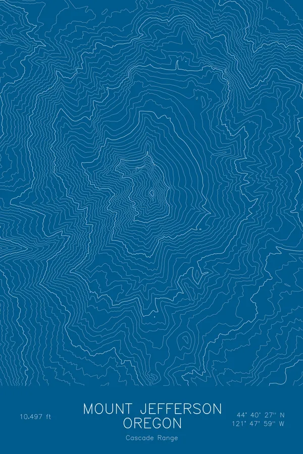 Pen-plotted topographic map of Mount Jefferson, Oregon in white ink on blue paper