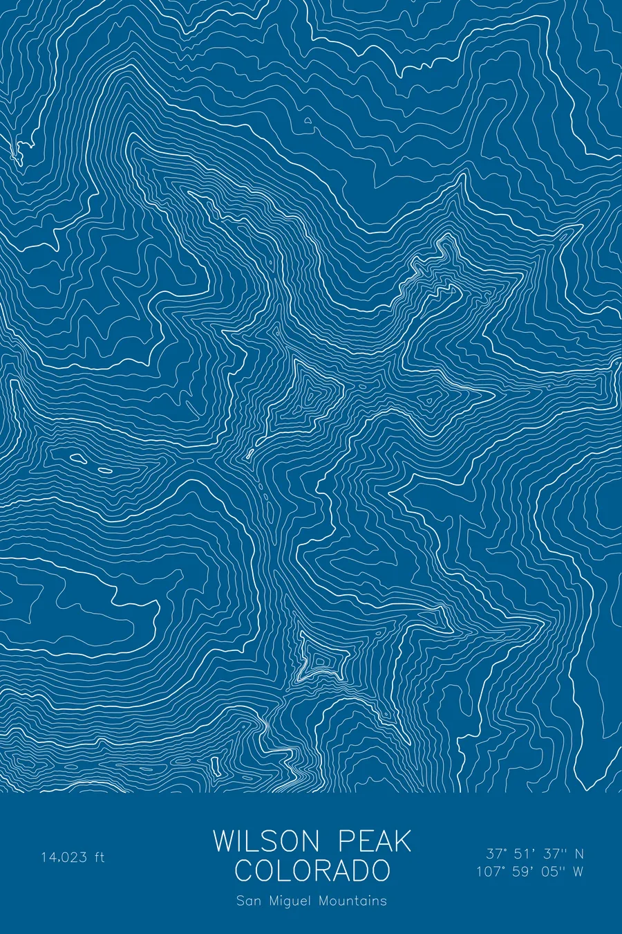 Pen-plotted topographic map of Wilson Peak, Colorado in white ink on blue paper