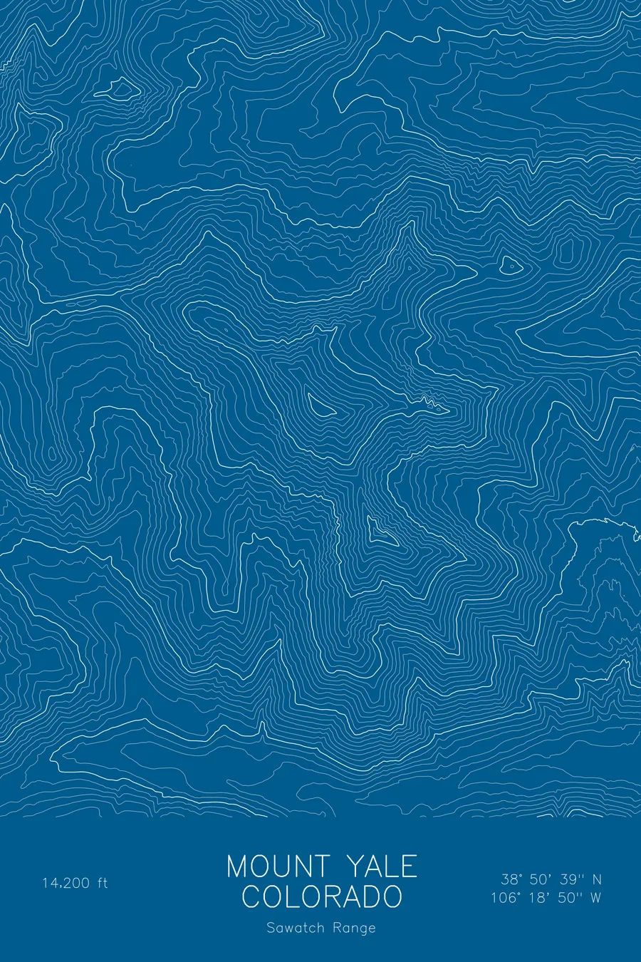 Pen-plotted topographic map of Mount Yale, Colorado in white ink on blue paper