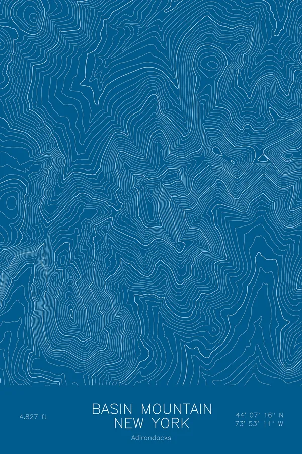 Pen-plotted topographic map of Basin Mountain, New York in white ink on blue paper