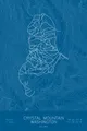 Pen-plotted topographic ski map of Crystal Mountain, Washington in white ink on blue paper