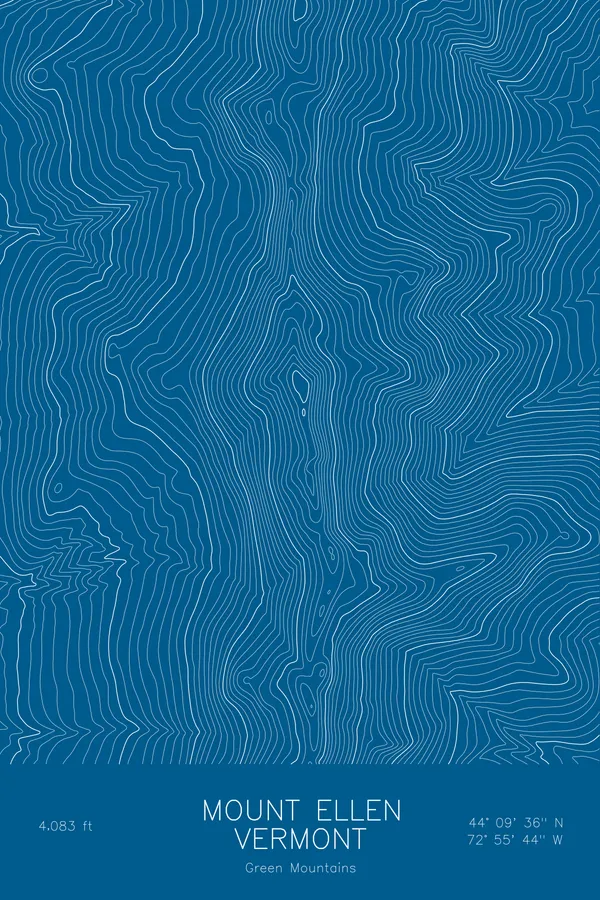 Pen-plotted topographic map of Mount Ellen, Vermont in white ink on blue paper