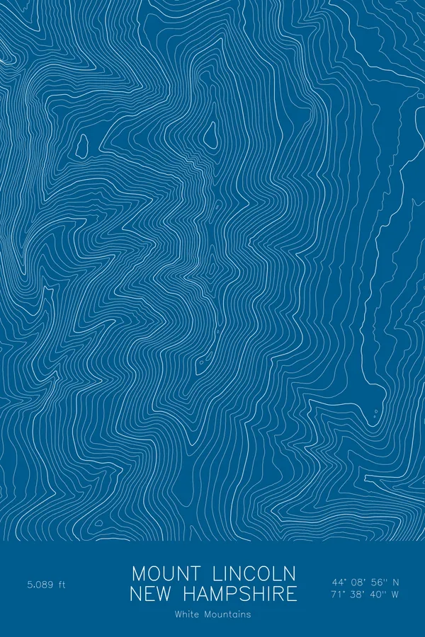 Pen-plotted topographic map of Mount Lincoln, New Hampshire in white ink on blue paper