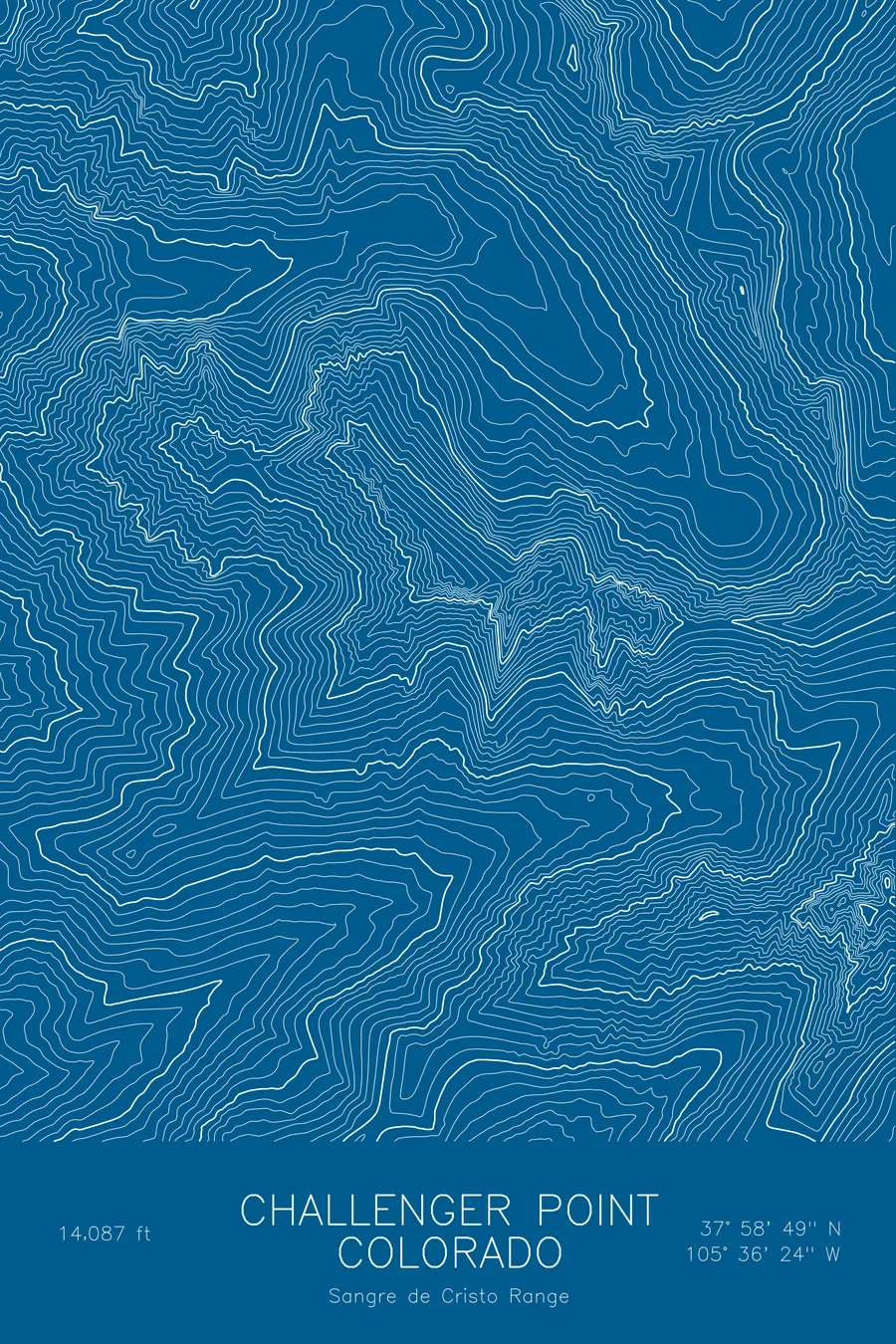 Pen-plotted topographic map of Challenger Point, Colorado in white ink on blue paper