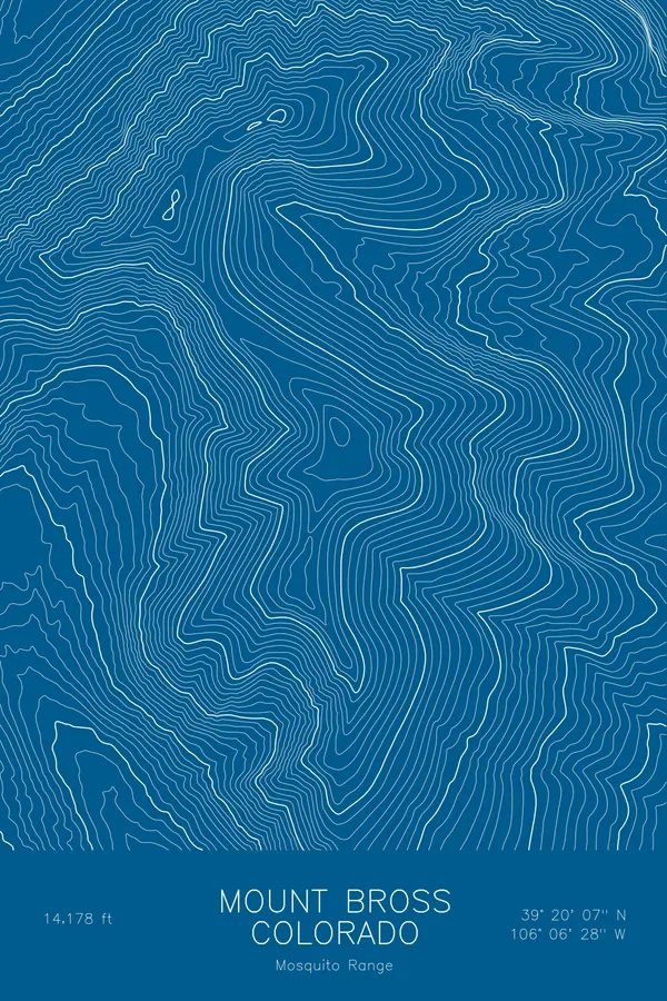 Pen-plotted topographic map of Mount Bross, Colorado in white ink on blue paper