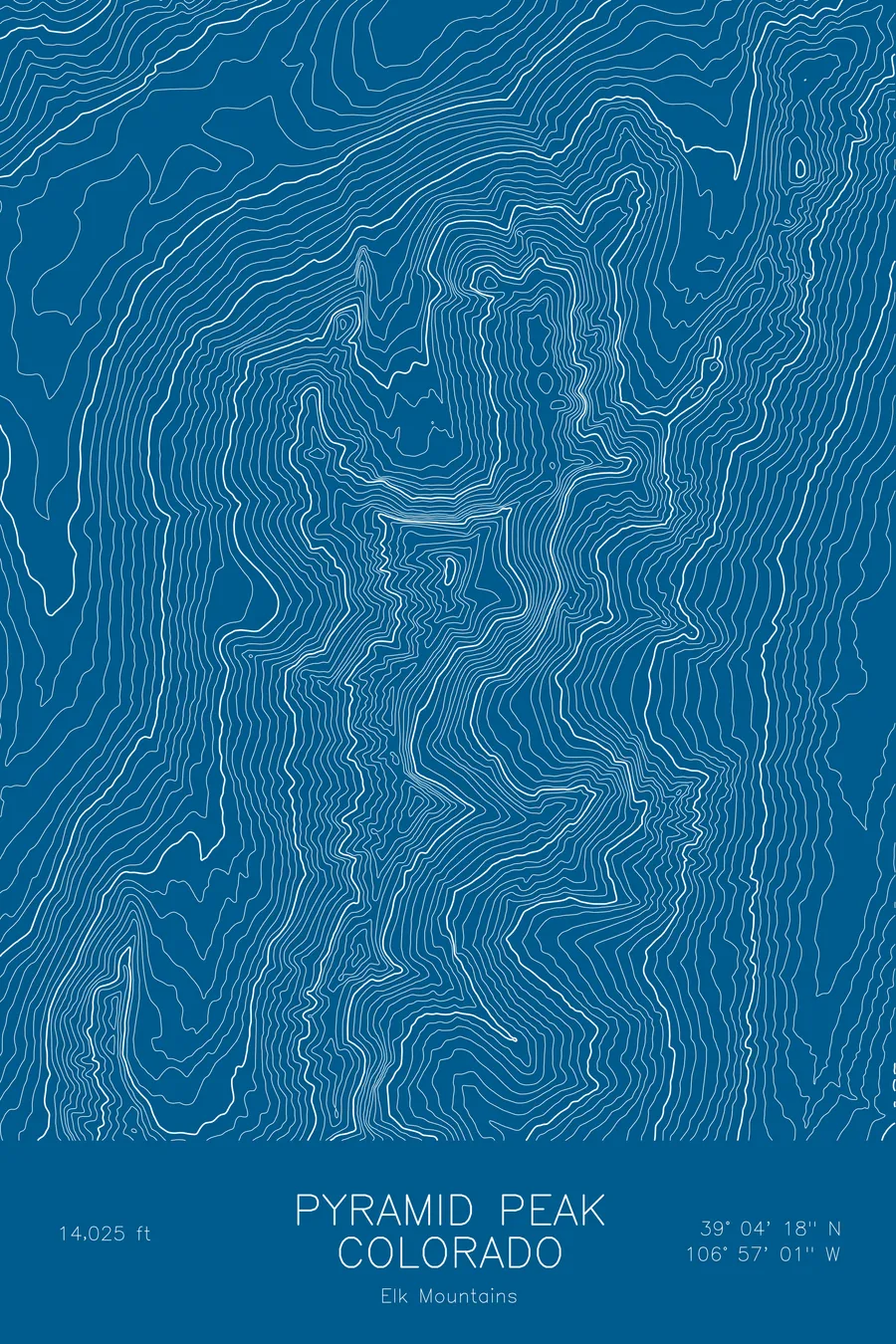 Pen-plotted topographic map of Pyramid Peak, Colorado in white ink on blue paper