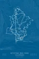 Pen-plotted mountain bike trail map of Keystone Bike Park, Colorado in white ink on blue paper