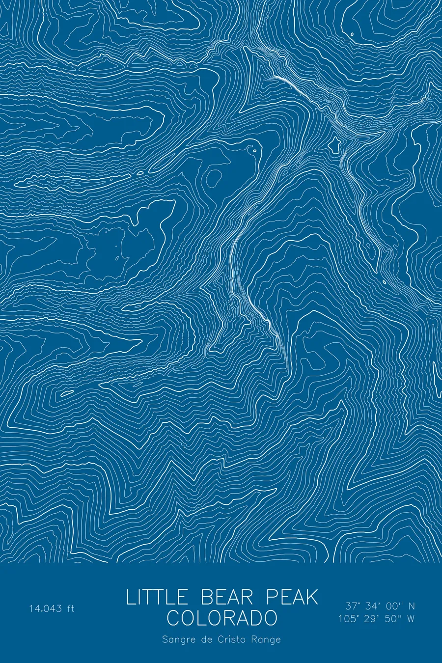 Pen-plotted topographic map of Little Bear Peak, Colorado in white ink on blue paper