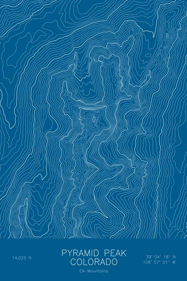 Pen-plotted topographic map of Pyramid Peak, Colorado in white ink on blue paper