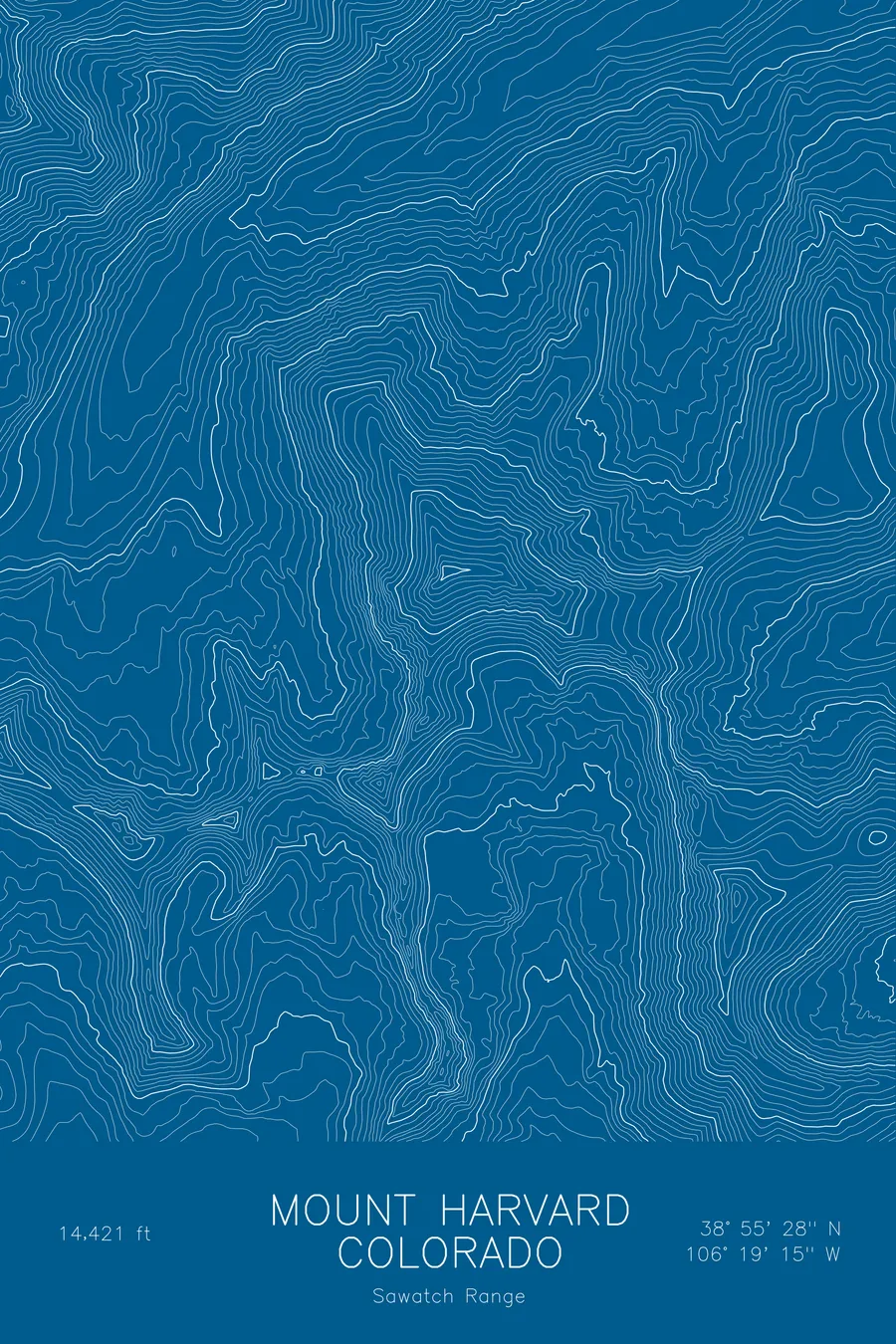 Pen-plotted topographic map of Mount Harvard, Colorado in white ink on blue paper