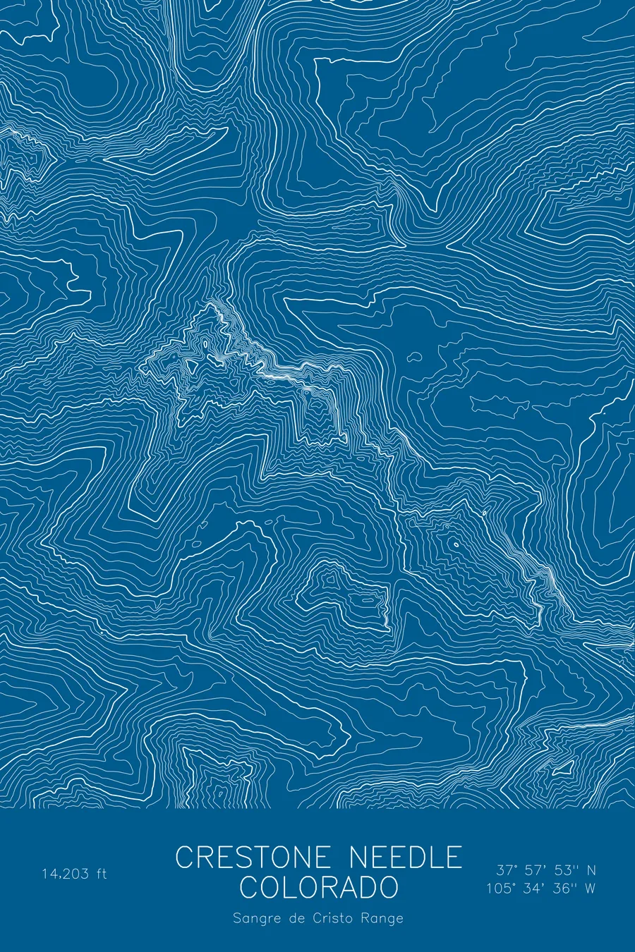 Pen-plotted topographic map of Crestone Needle, Colorado in white ink on blue paper
