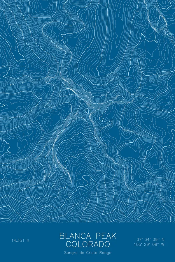 Pen-plotted topographic map of Blanca Peak, Colorado in white ink on blue paper