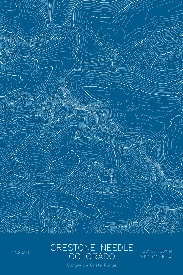 Pen-plotted topographic map of Crestone Needle, Colorado in white ink on blue paper