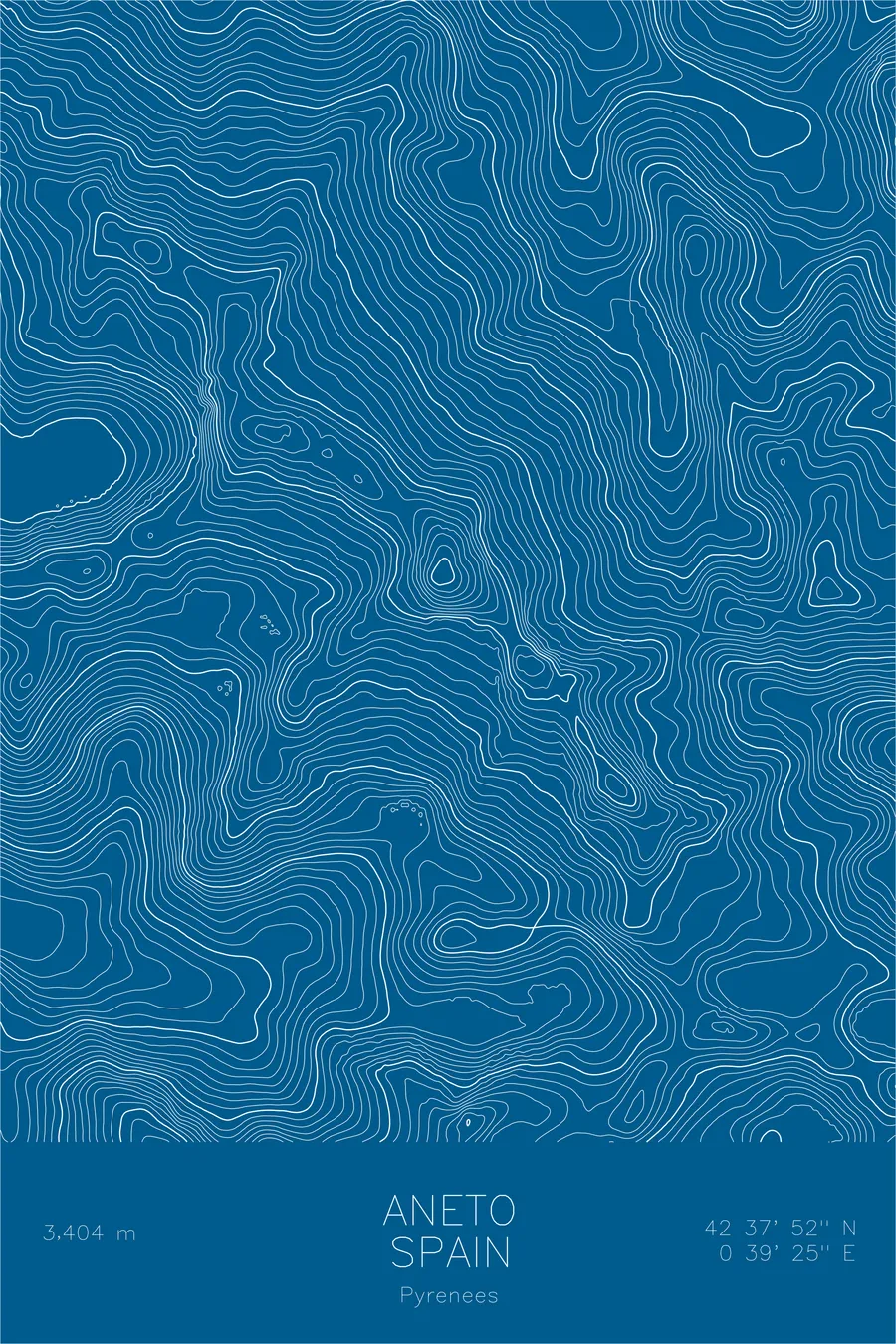 Pen-plotted topographic map of Aneto, Spain in white ink on blue paper