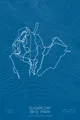 Pen-plotted mountain bike trail map of Sugarloaf Bike Park, Maine in white ink on blue paper