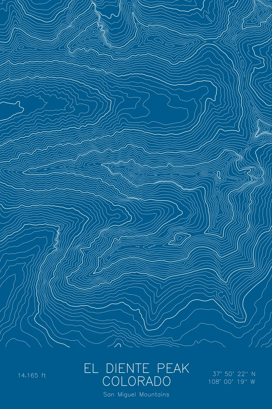 Pen-plotted topographic map of El Diente Peak, Colorado in white ink on blue paper