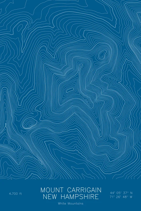 Pen-plotted topographic map of Mount Carrigain, New Hampshire in white ink on blue paper