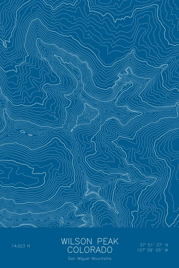 Pen-plotted topographic map of Wilson Peak, Colorado in white ink on blue paper